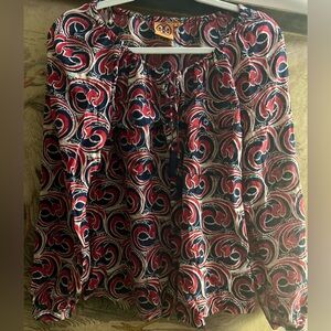 * Tory Burch Red Blue White Swirl Print Button Front Blouse SZ 10 *